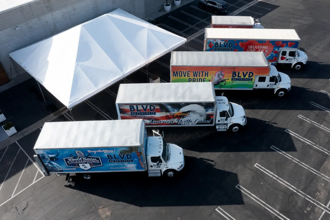 Aerial view of the BLVD Moving fleet in California