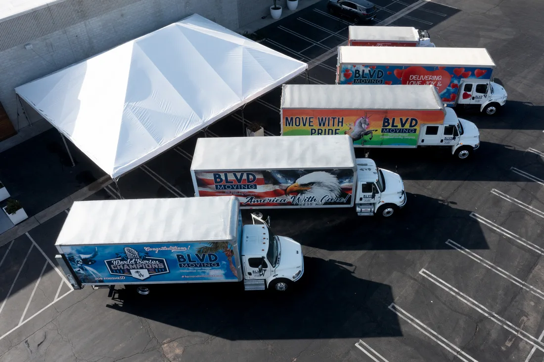 Aerial view of the BLVD Moving fleet